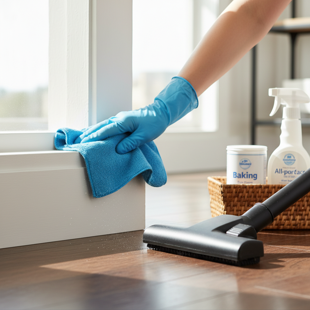 Deep cleaning supplies next to baseboards and a vacuum attachment for spring cleaning