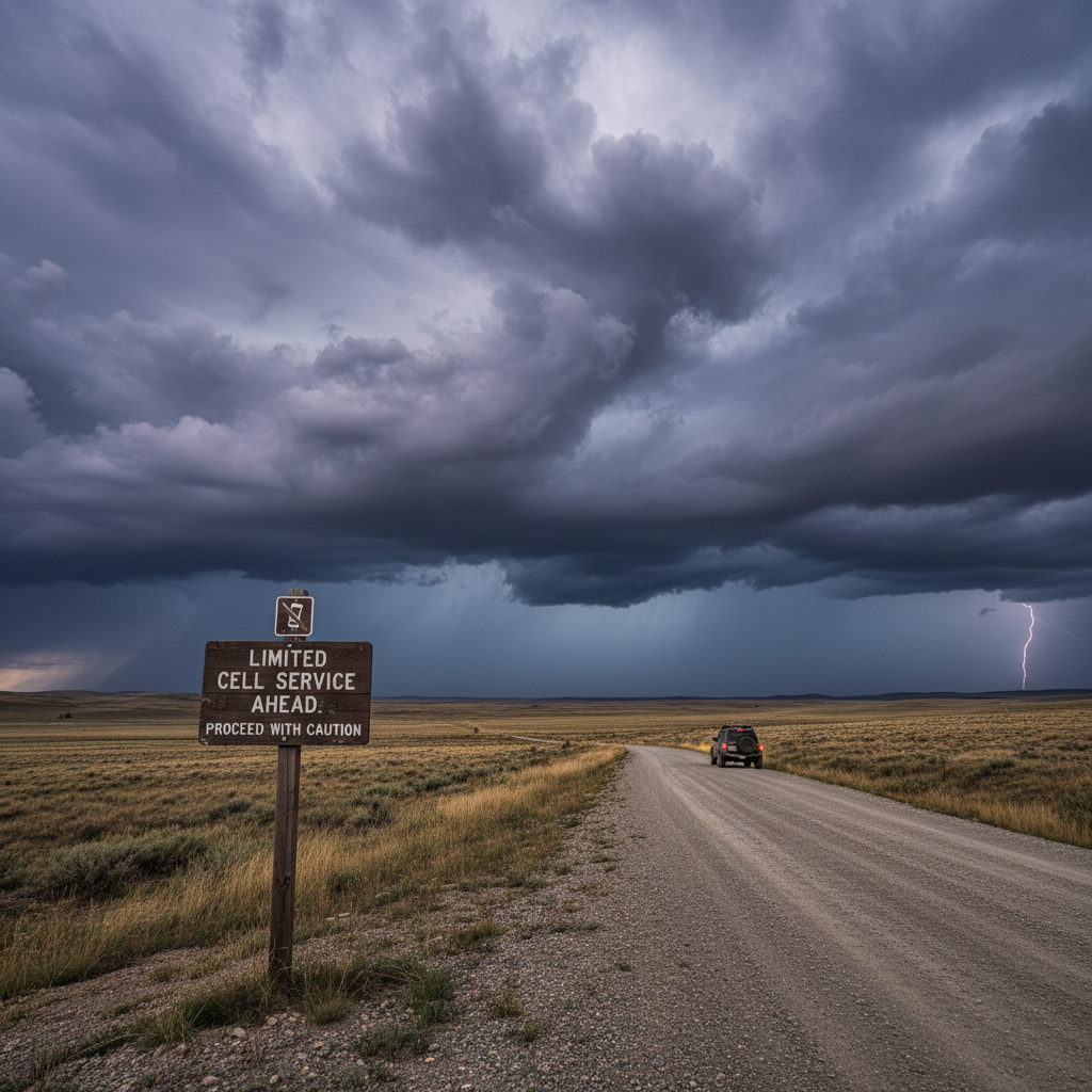 Remote road with no cell service sign and storm clouds
