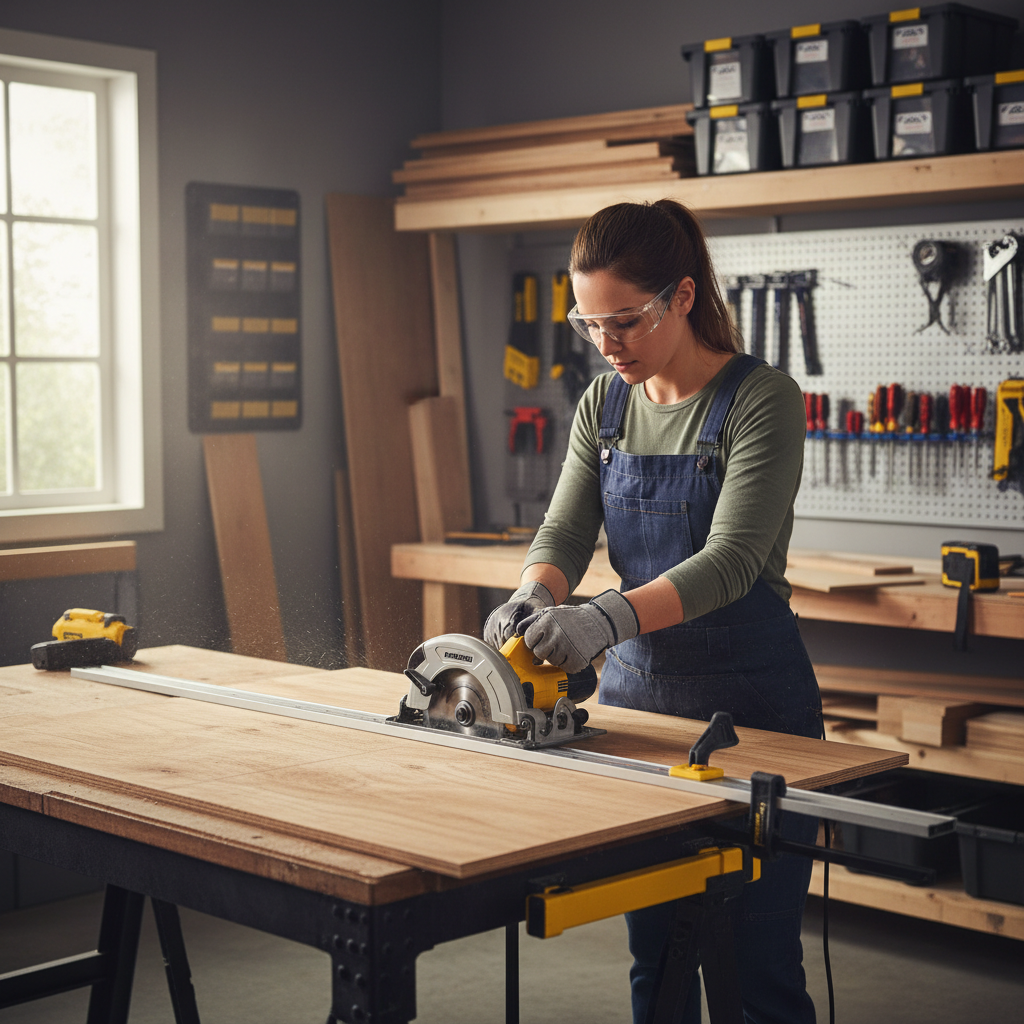 Beginner using a circular saw with a straightedge guide on plywood