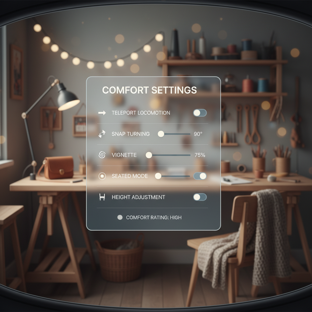 VR comfort settings menu for locomotion and snap turning in crafting games