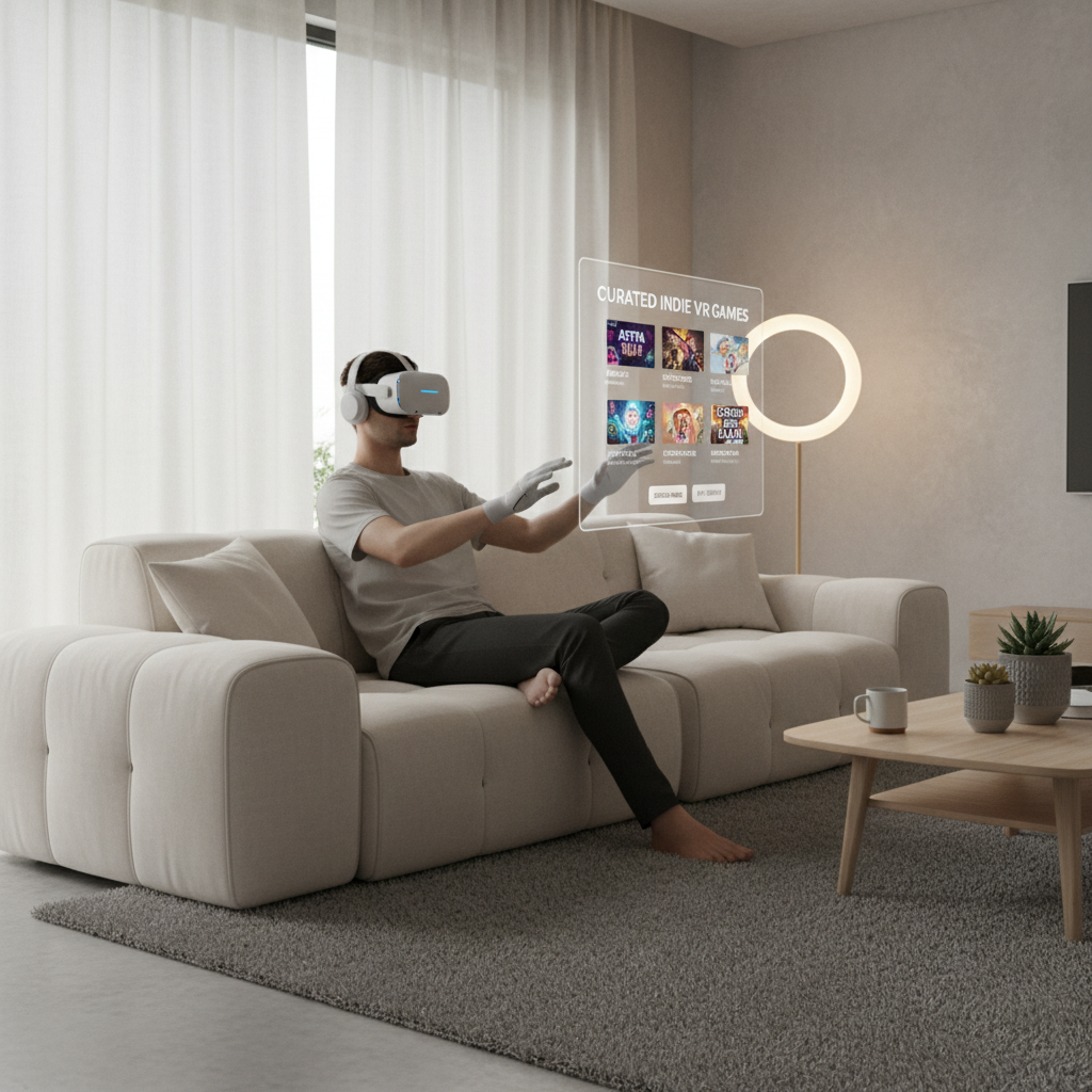 Player browsing VR indie games on a headset with a curated shortlist