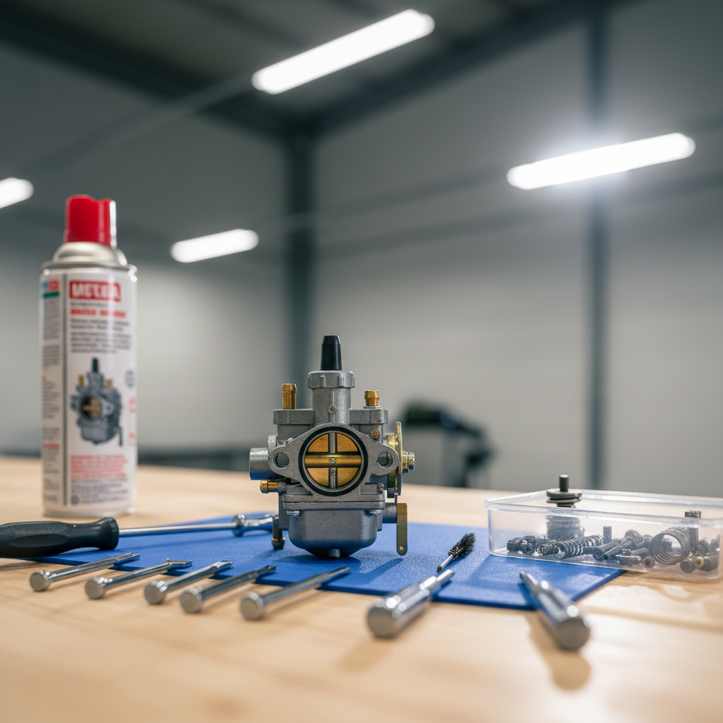 Small-engine carburetor removed from a tiller for cleaning on a workbench