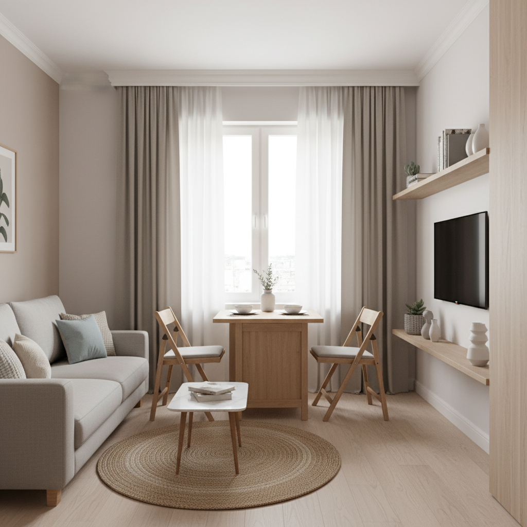 Small apartment living room with folding table and compact seating