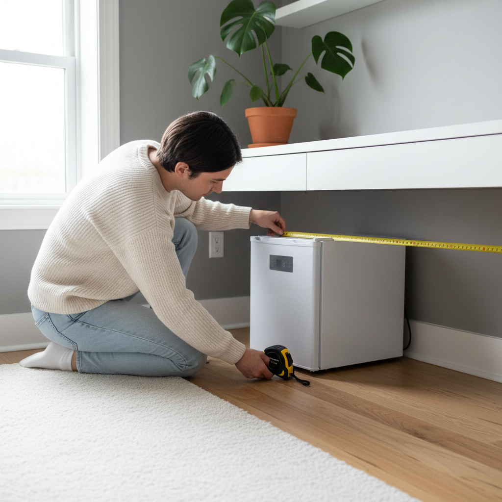 Measuring a mini fridge space under a desk in a bedroom