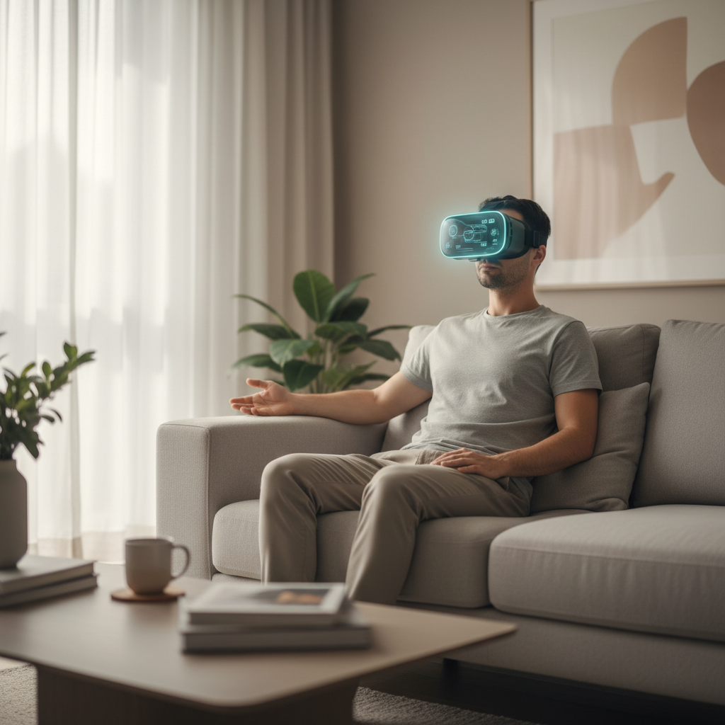 Person using a VR headset for relaxation and guided breathing at home