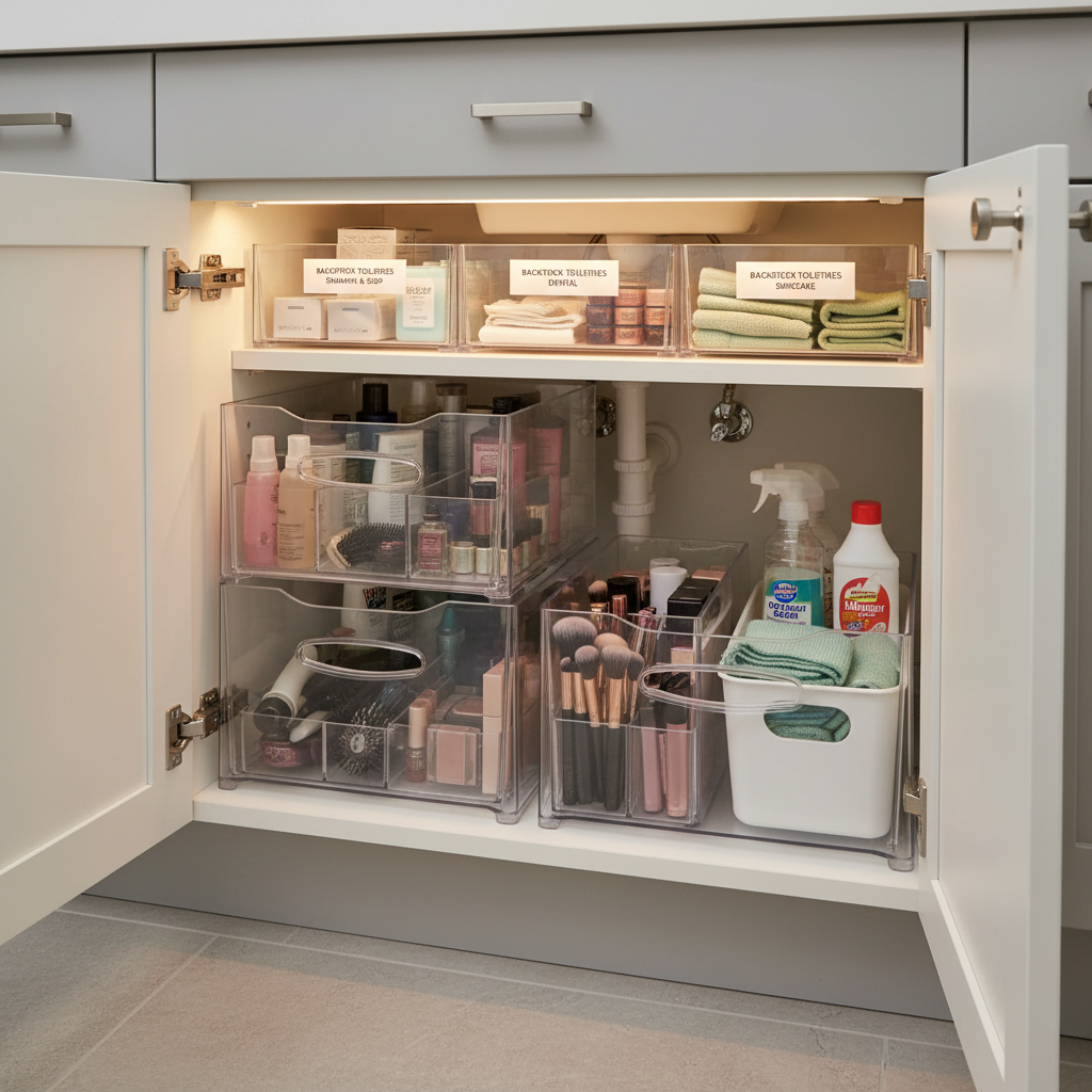 Under-sink bathroom storage with pull-out bins and separate cleaning caddy