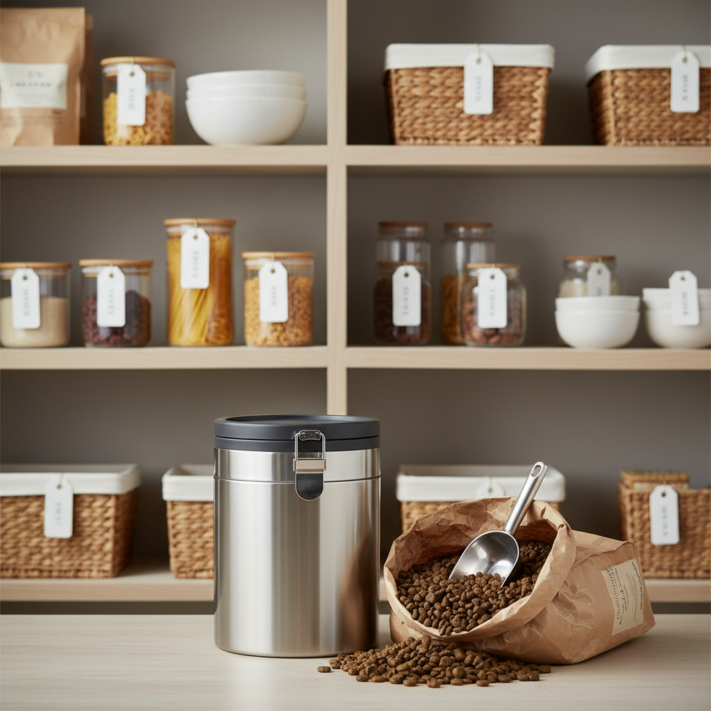 Airtight dog food container in a kitchen pantry next to kibble bag and scoop