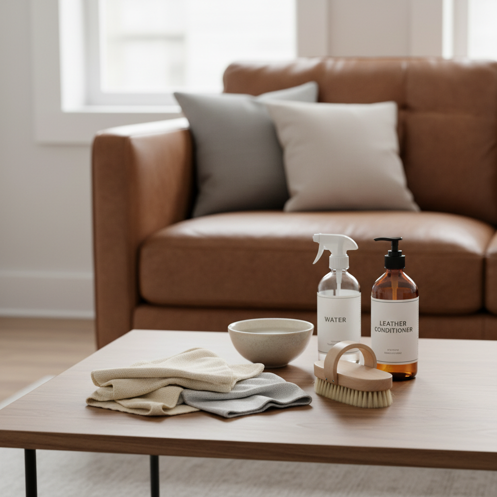 Cleaning supplies for leather couch at home on a coffee table