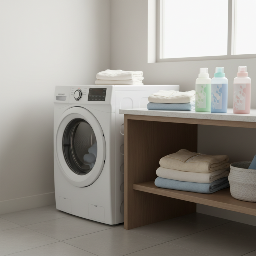 Laundry room setup with fabric softener options and folded soft clothes