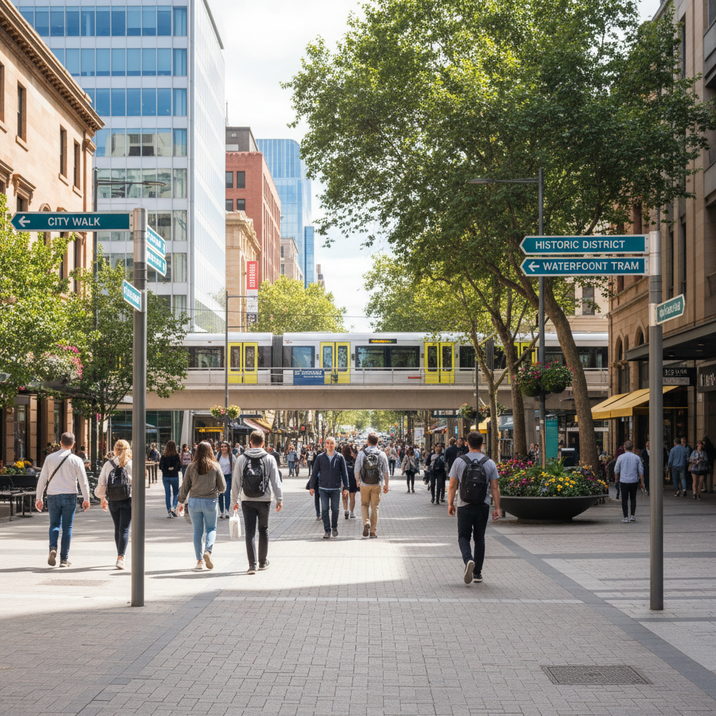Beginner-friendly travel destination scene with walkable city center and clear signage