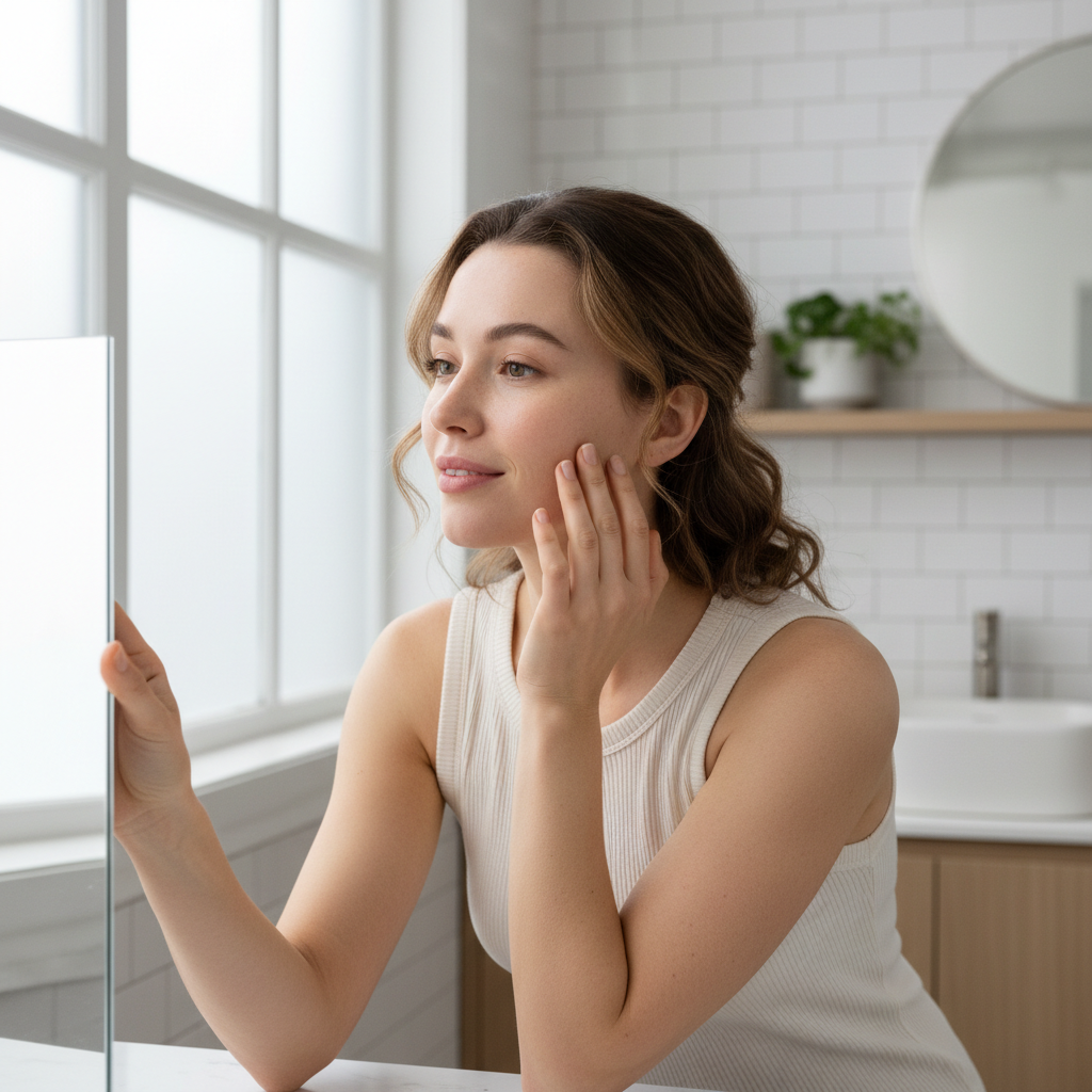 Woman checking facial skin texture in mirror under soft natural light