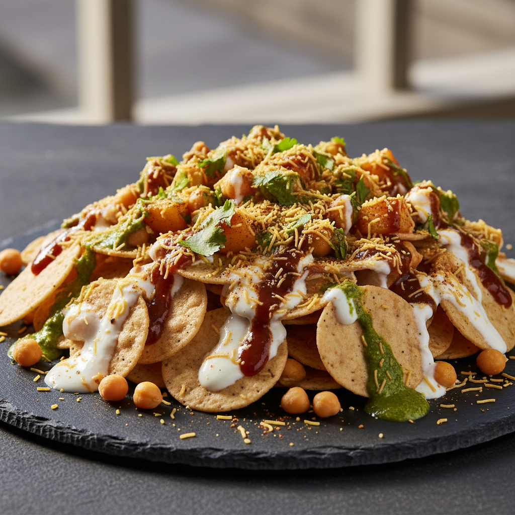 Delhi-style papdi chaat platter with yogurt and chutneys