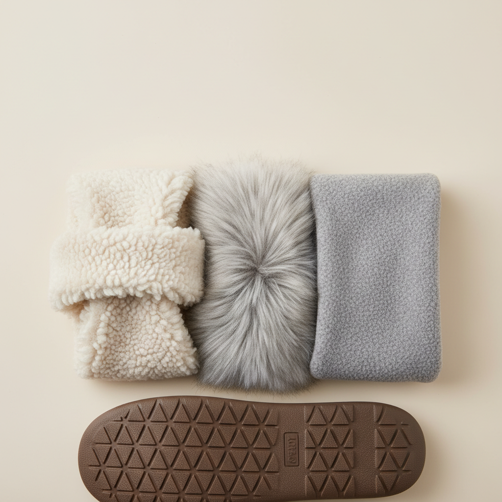 Close-up of fuzzy slipper materials sherpa faux fur and rubber outsole texture