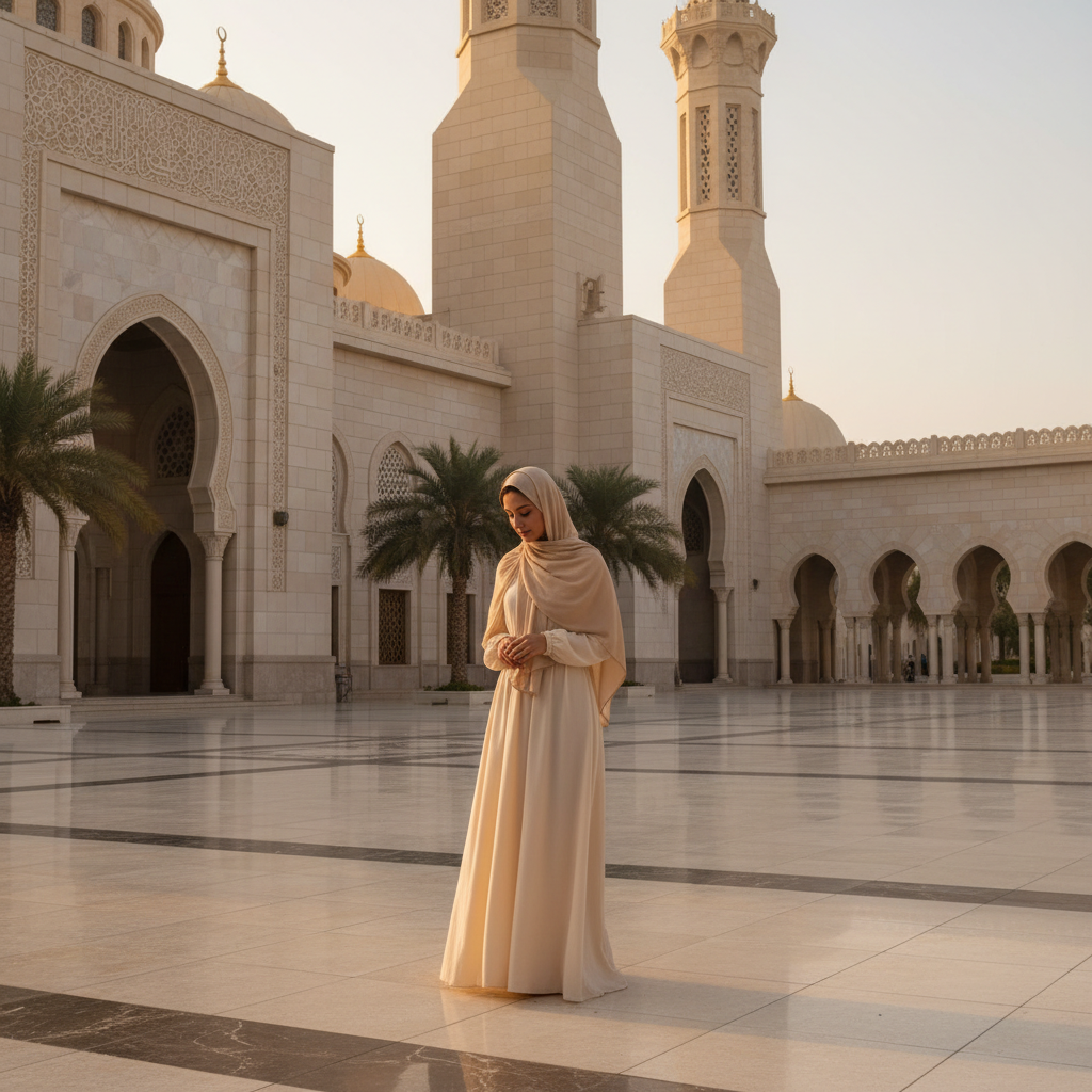 Modest mosque-appropriate outfit for tourists in Dubai with scarf and long sleeves