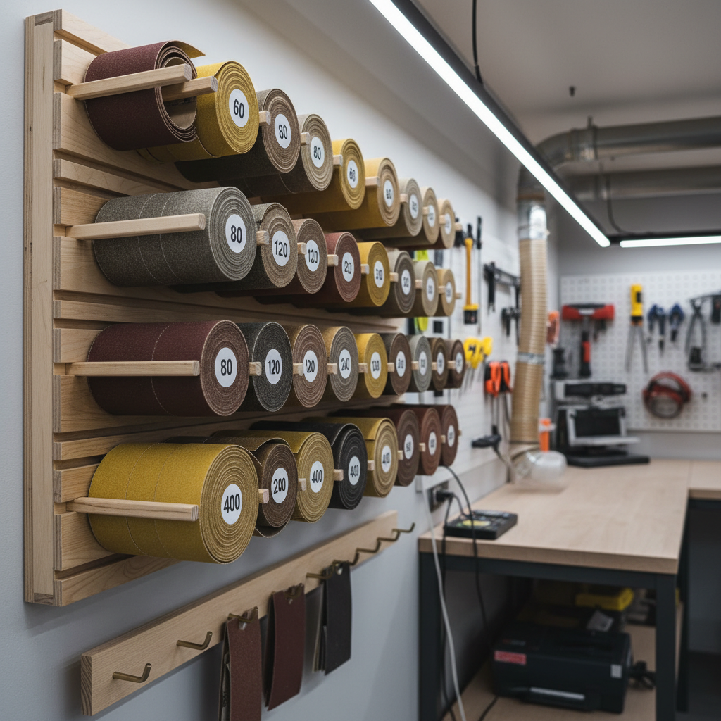 Assorted sanding belts with grit labels organized on a workshop wall