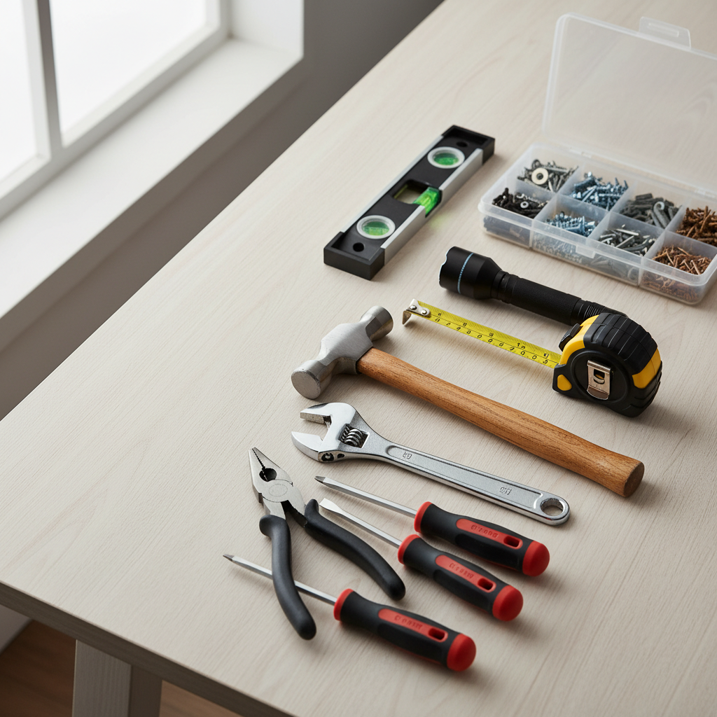 Basic home tool kit essentials laid out on a table
