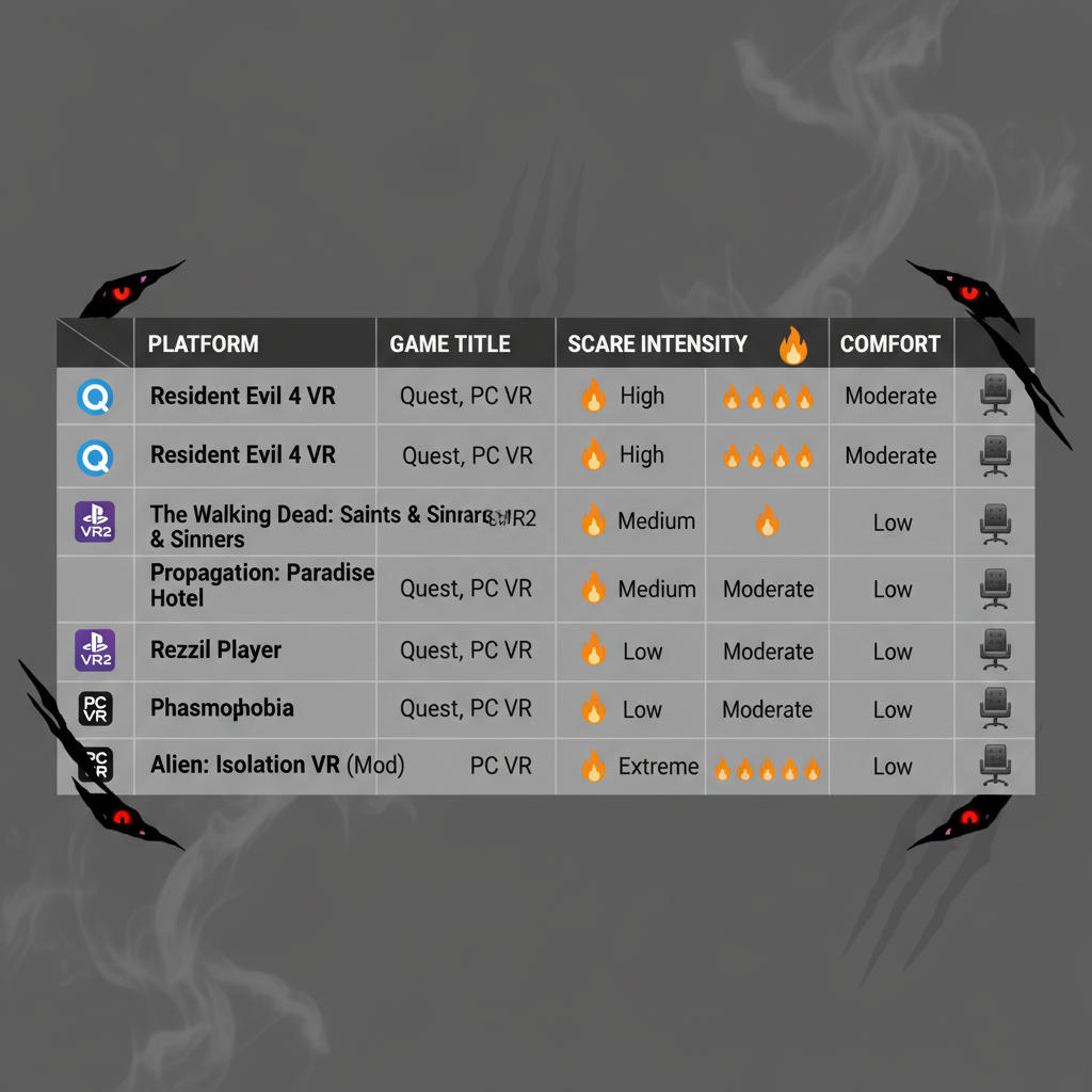 Comparison chart style image for VR horror games across Quest, PS VR2, and PC VR
