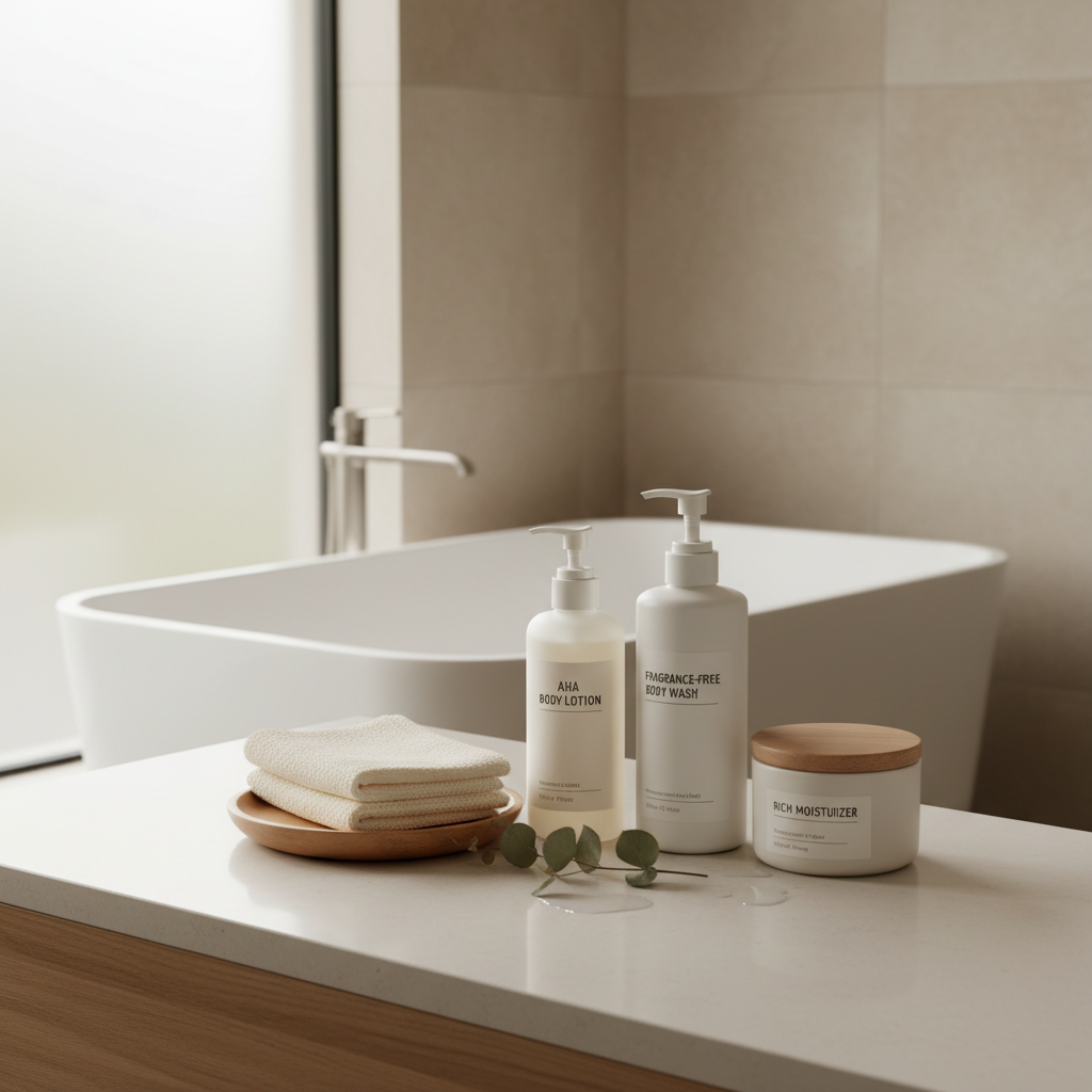 Dry skin on legs with gentle body exfoliation routine setup