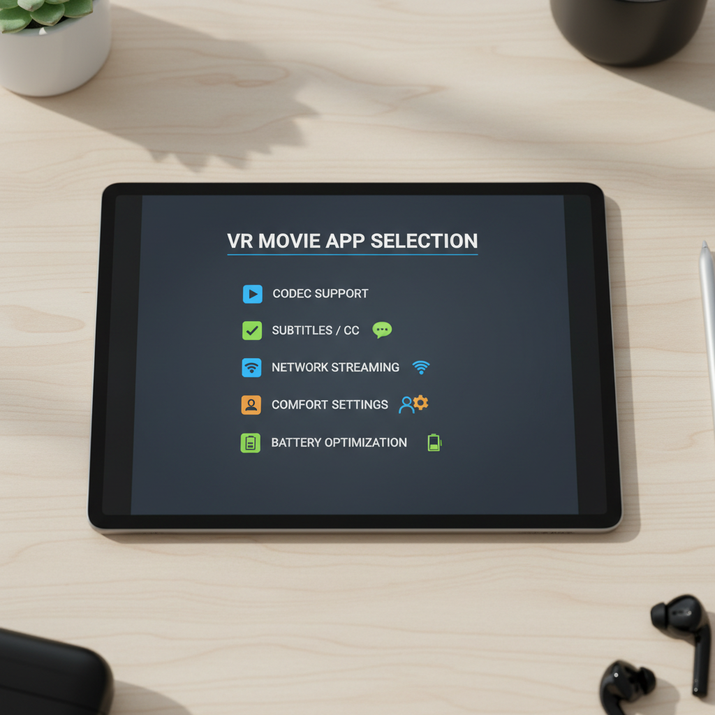 Checklist for choosing a VR movie app: codec, subtitles, streaming, comfort