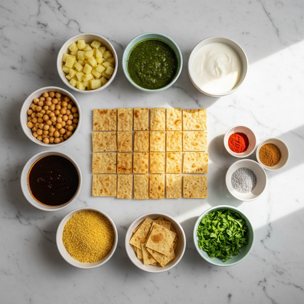 Papdi chaat ingredients prepped in small bowls for easy assembly