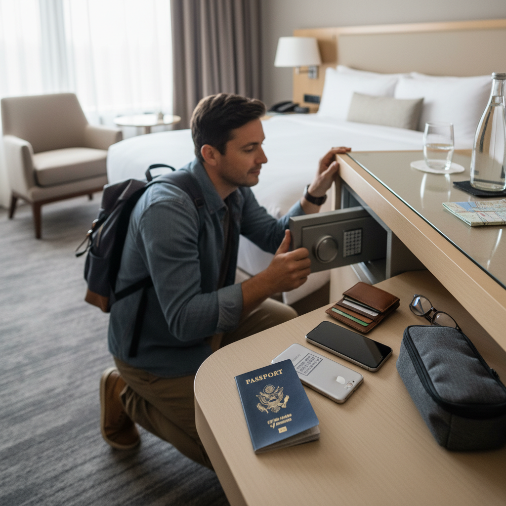 Traveler organizing passport, phone, and wallet in a hotel room safe