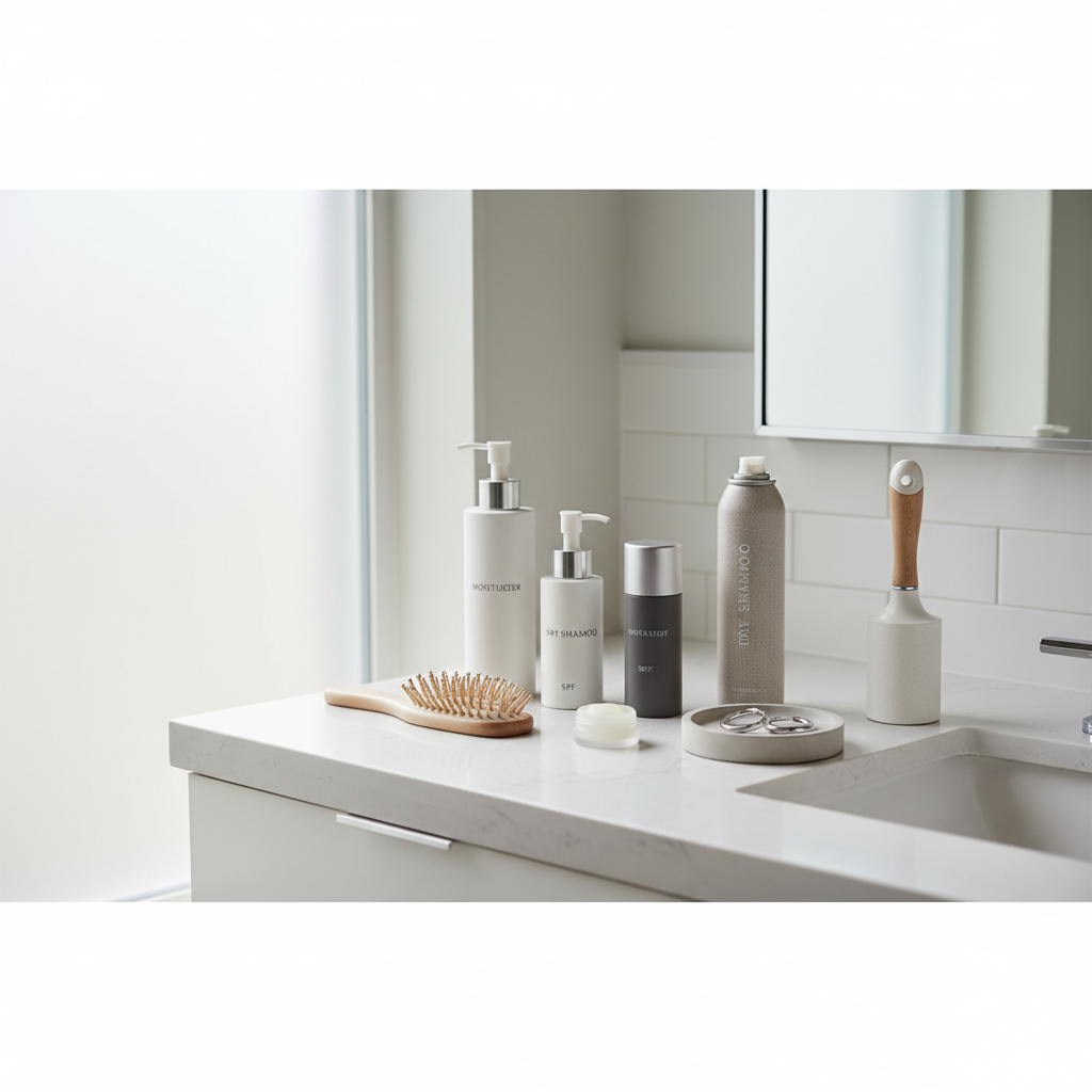 10-minute polished reset essentials on a bathroom counter for a put-together look