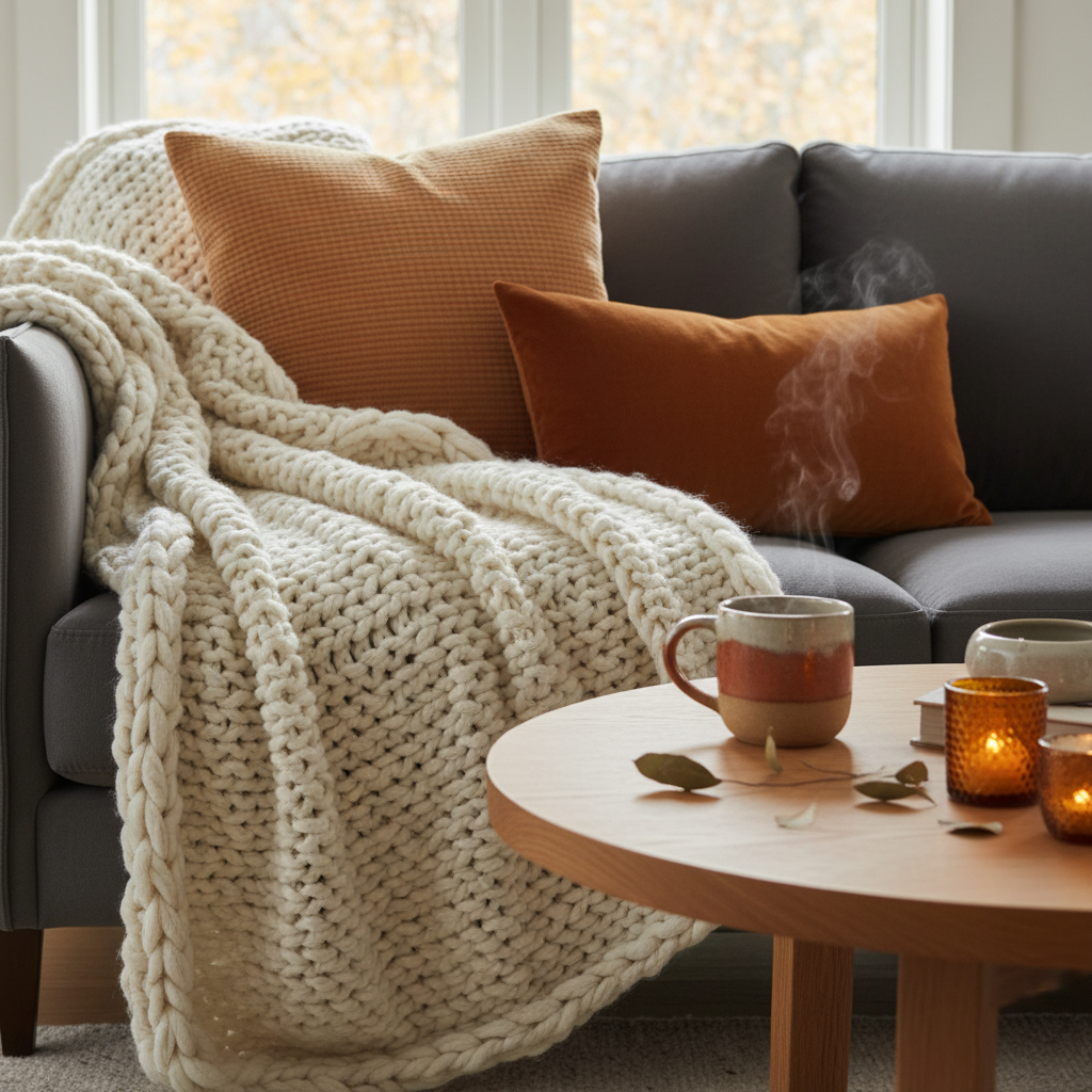 Fall living room textures with boucle pillows, chunky knit throw, and wood coffee table