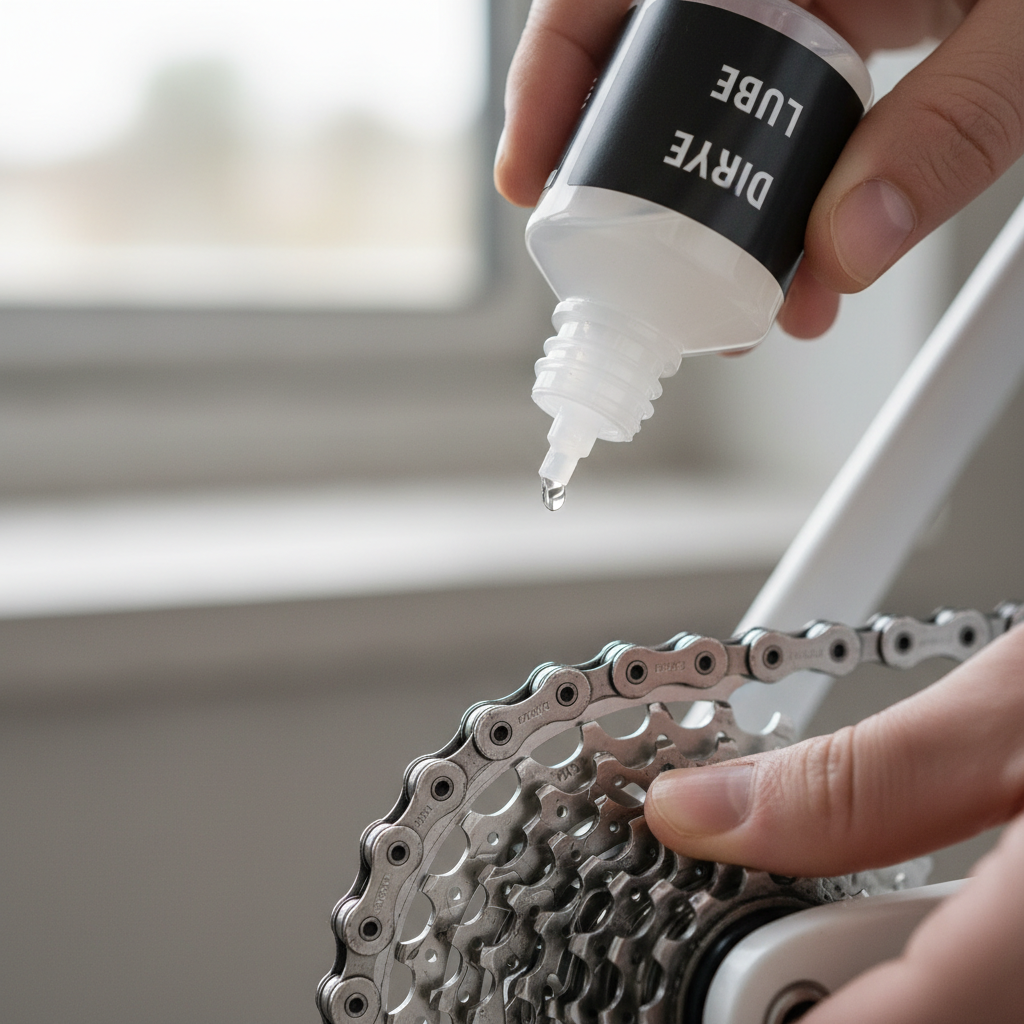 Dry bike chain lubricant being applied to a clean road bike chain