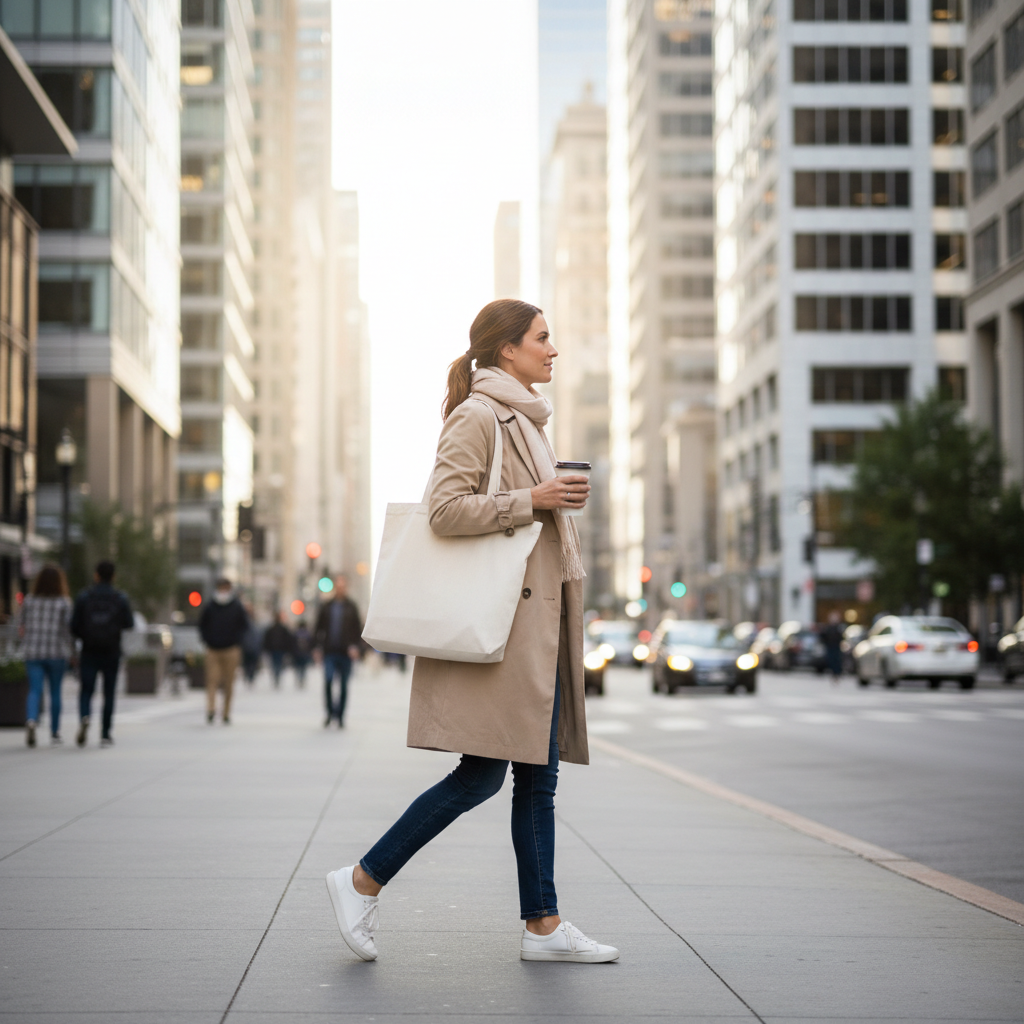 Woman carrying a canvas tote bag comfortably on shoulder during city commute