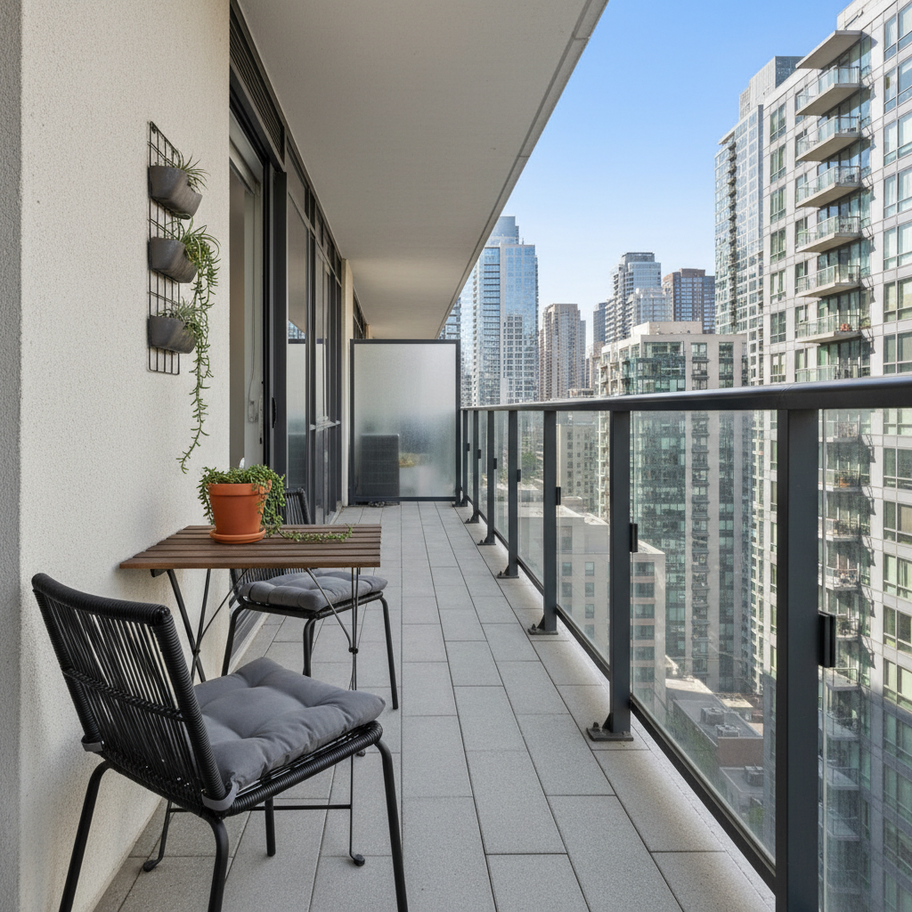 Narrow apartment balcony layout with furniture placed along one side