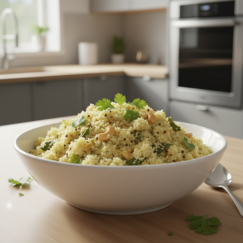 Fluffy rava upma in a bowl with mustard seeds and curry leaves