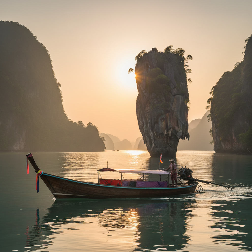 Longtail boat in Phang Nga Bay with limestone cliffs at sunrise