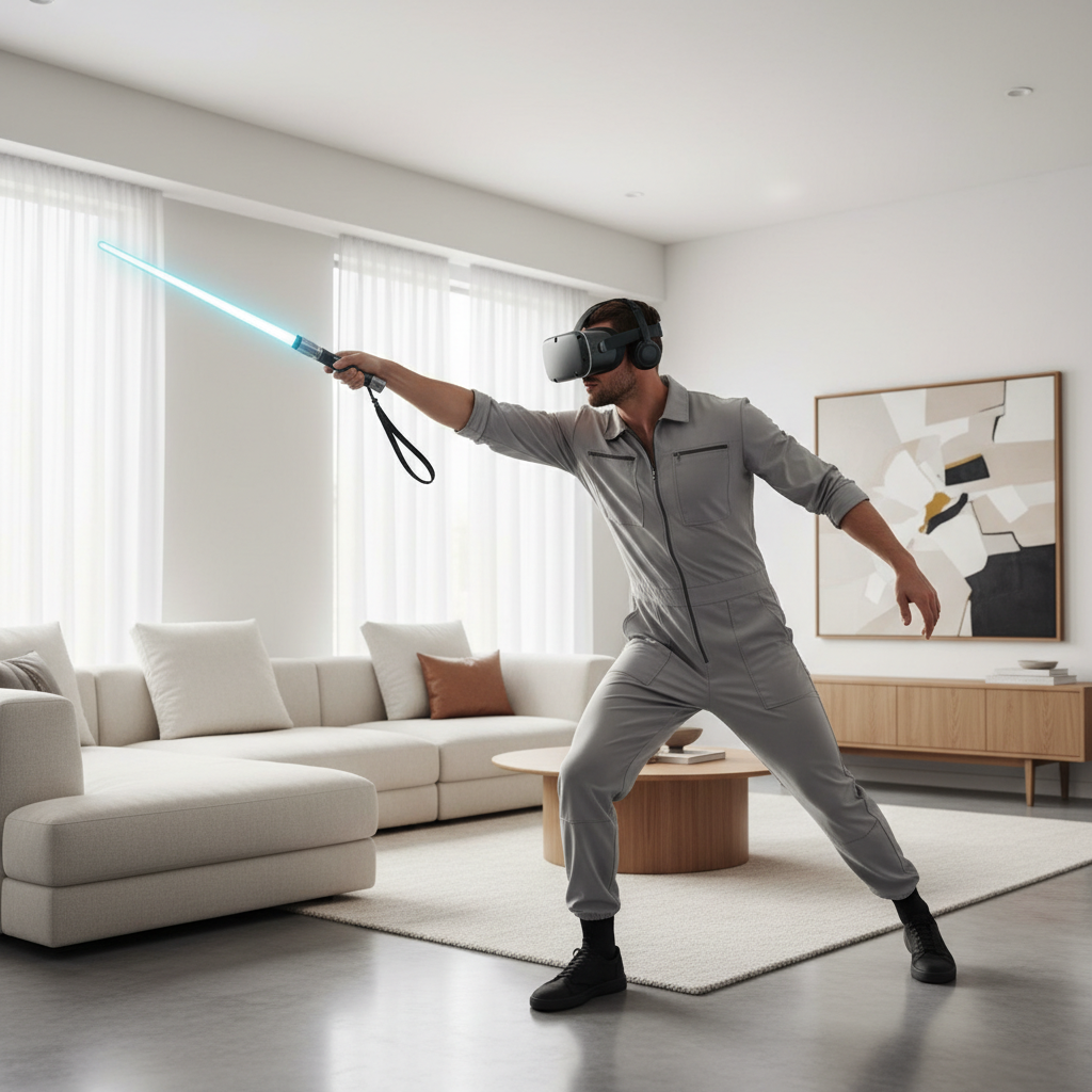 VR player using a lightsaber handle attachment with wrist strap in a living room play space