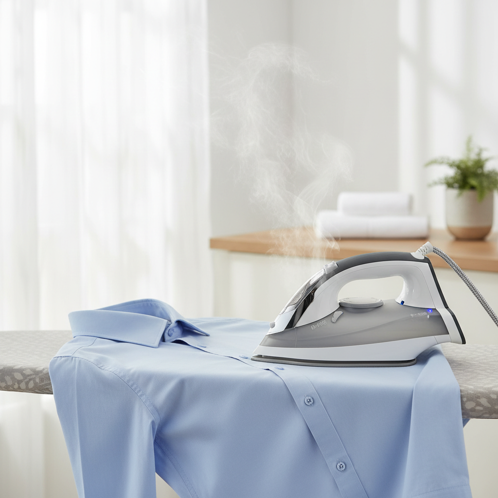 Modern steam iron pressing a cotton shirt on an ironing board