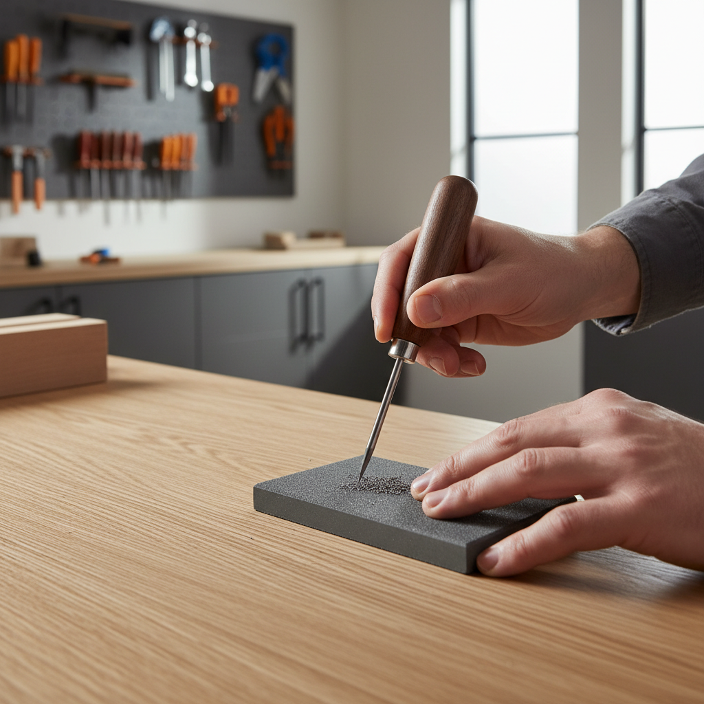 Woodworker sharpening a scratch awl tip on a fine diamond stone with controlled grip