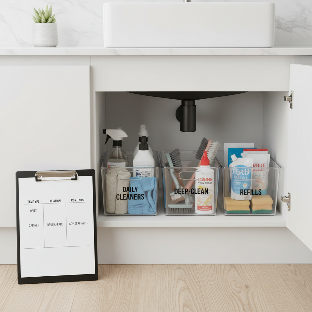 Cleaning supply storage table concept with bins and labels under sink