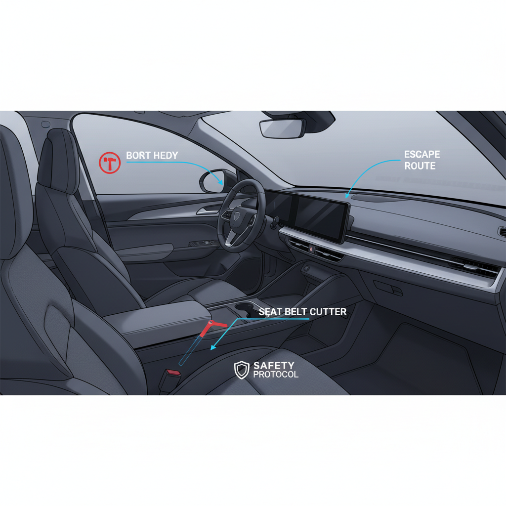Emergency escape plan in car showing cutter placement and window exit route