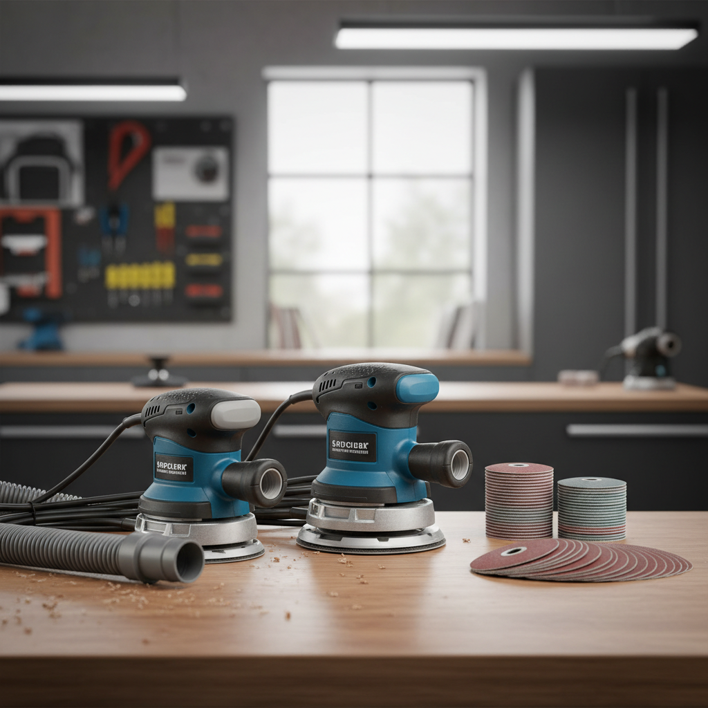 Comparison of 5-inch and 6-inch random orbital sanders with sanding discs and vacuum hose