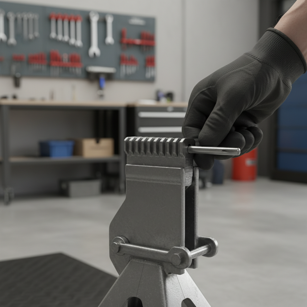 Mechanic checking jack stand locking pin and ratchet teeth for proper engagement