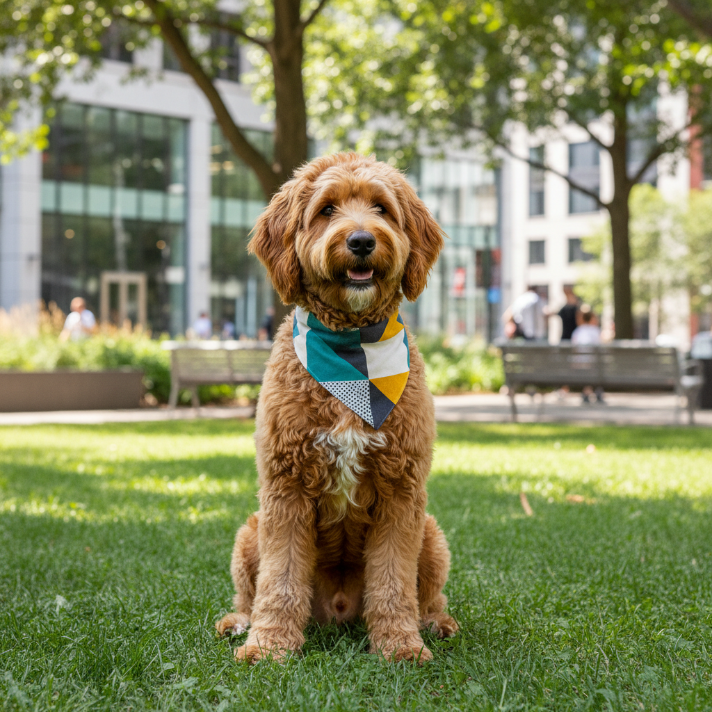 Stylish dog wearing a fashionable bandana outdoors