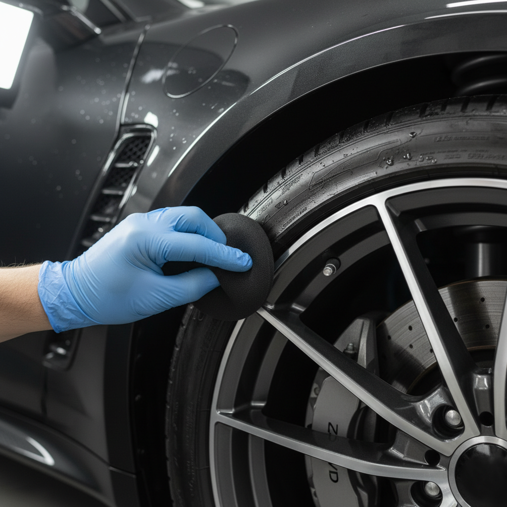 Applying water-based wheel well dressing with foam applicator