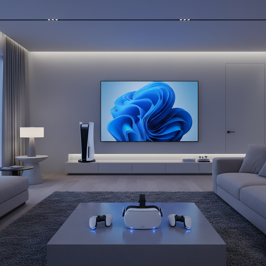 PSVR 2 headset and Sense controllers in a modern living room setup