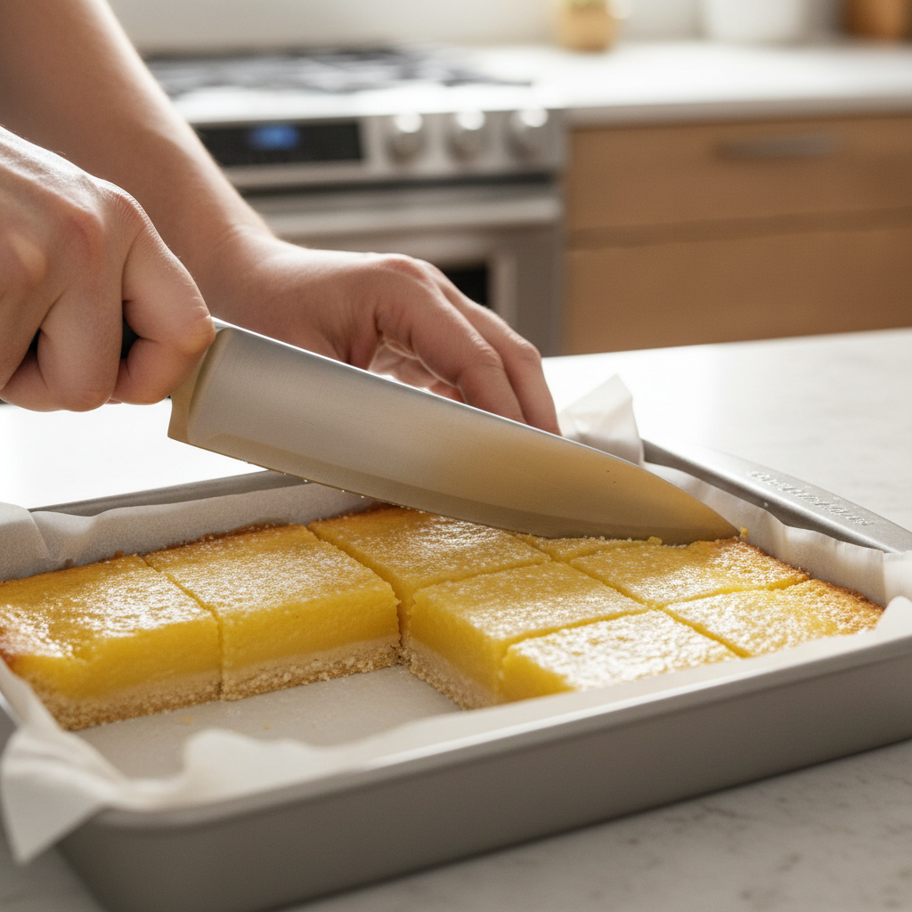 Slicing chilled tart lemon bars with a clean knife for sharp edges