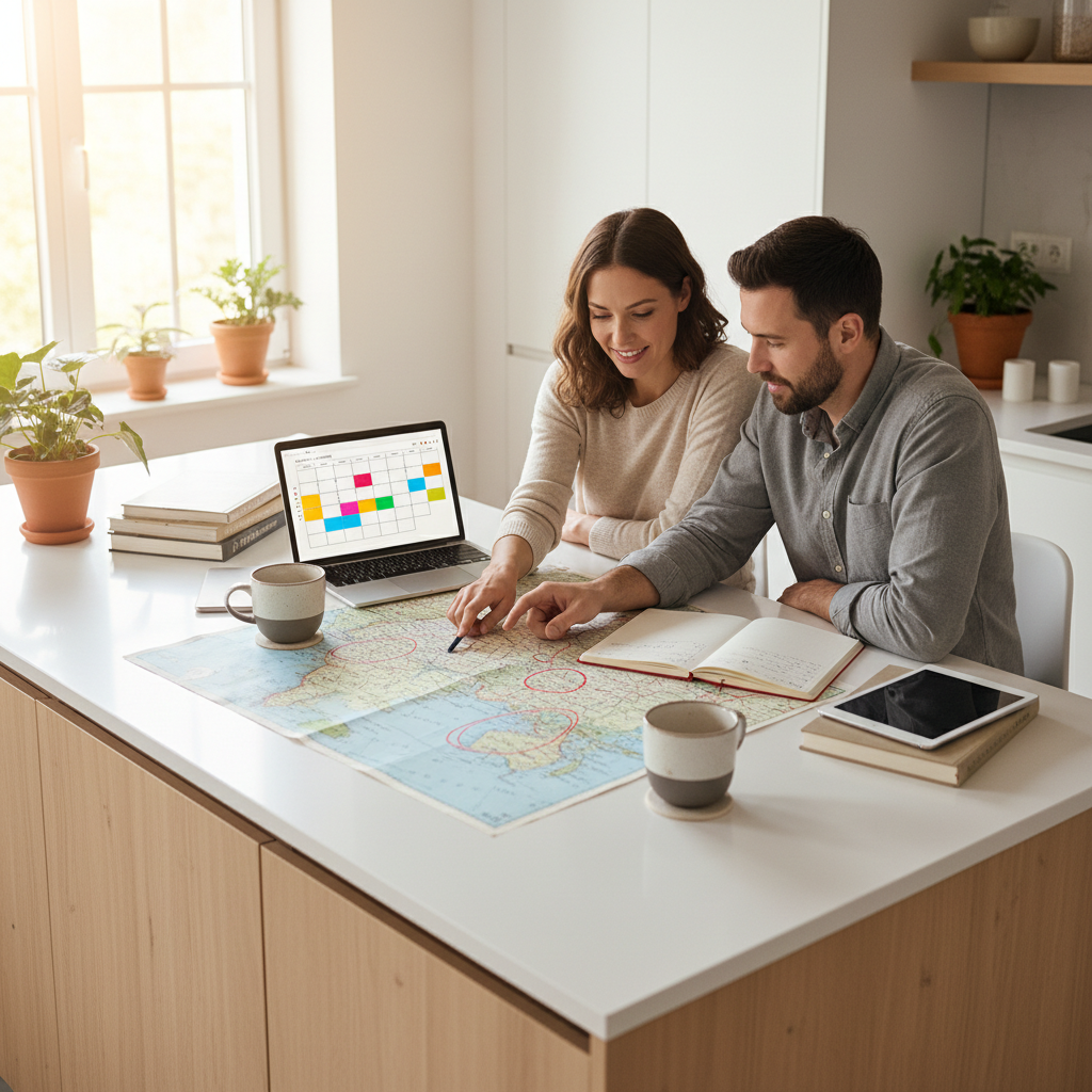 Couple planning a romantic trip with map and laptop