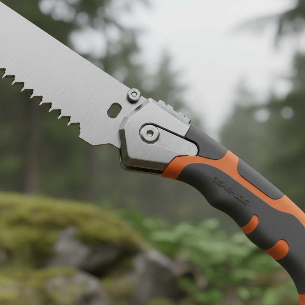 Close-up of folding saw lock mechanism and handle grip