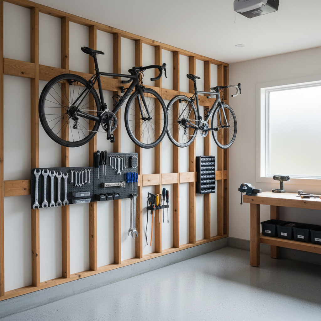 Wall mounted bike hooks installed into studs in a clean garage