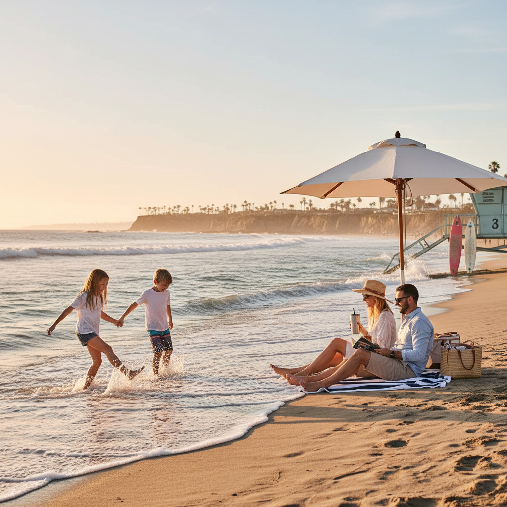 Family enjoying a relaxed beach day in San Diego with kids playing near gentle waves