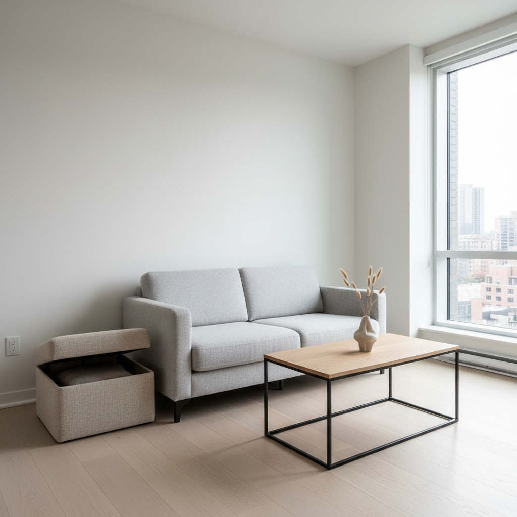 Minimalist small living room layout with neutral sofa and hidden storage