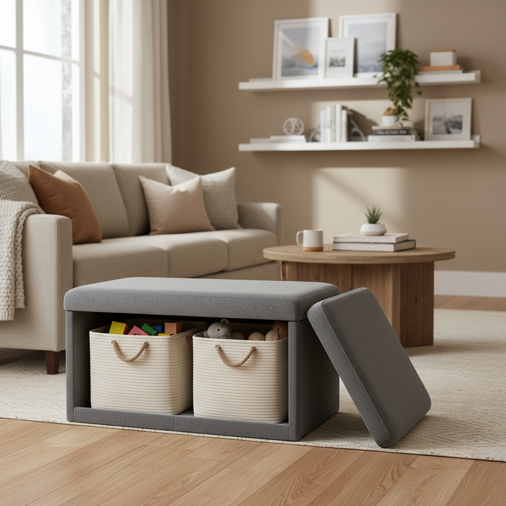 Storage ottoman used for toy storage in a small living room