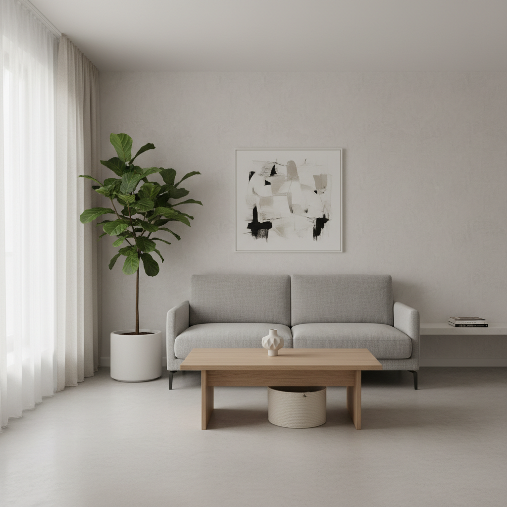 Clean minimalist living room with neutral palette and hidden storage